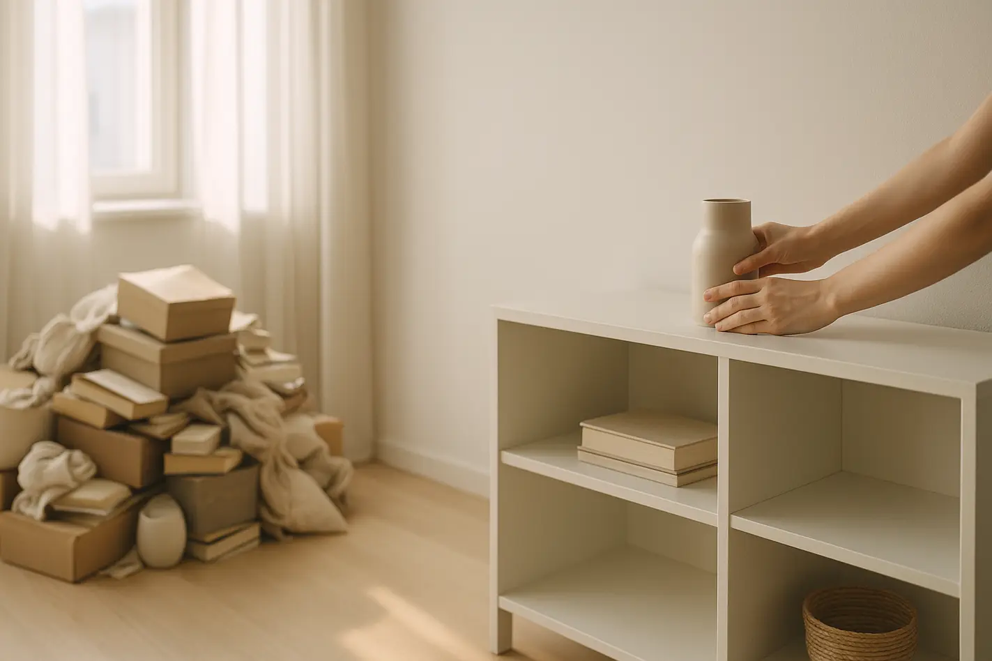 Minimalistisch interieur met opgeruimde spullen en natuurlijk licht