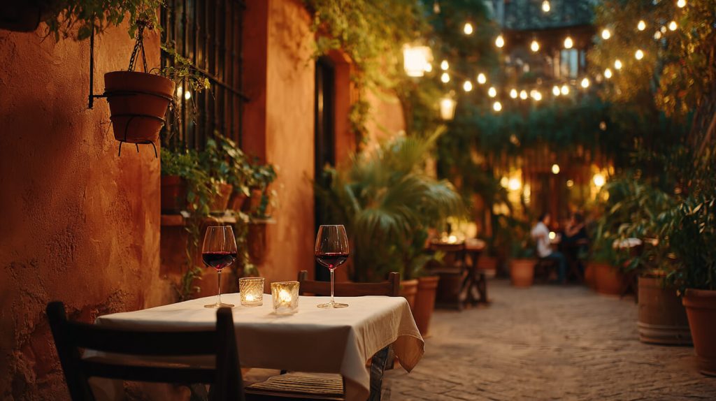 Romantisch gedekt tafeltje met twee glazen rode wijn op een sfeervol verlicht terras in een Andalusisch steegje