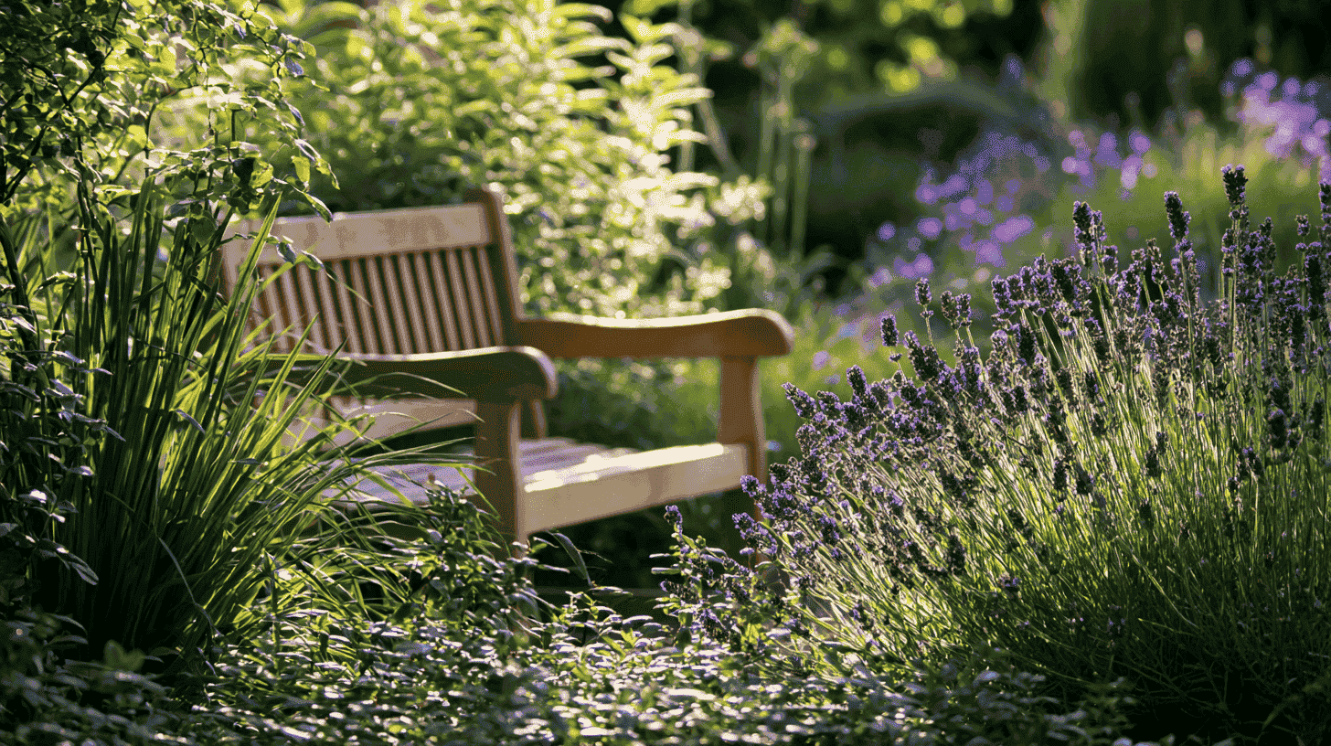 Rustige zithoek in de tuin met groene planten in ochtendlicht