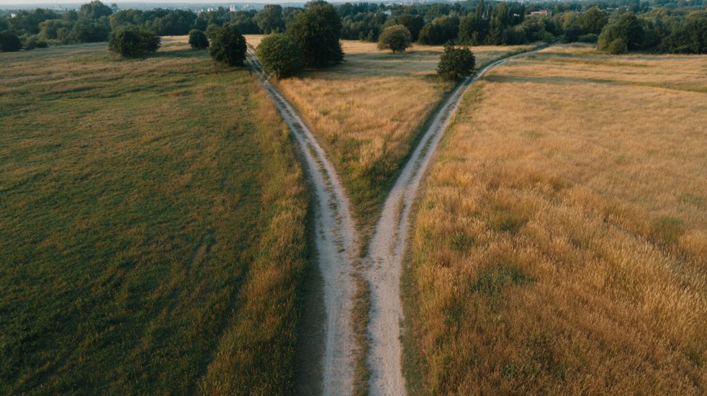 Luchtfoto van een zandpad dat zich in twee richtingen splitst door een veld, beeld van een keuzemoment tussen twee wegen