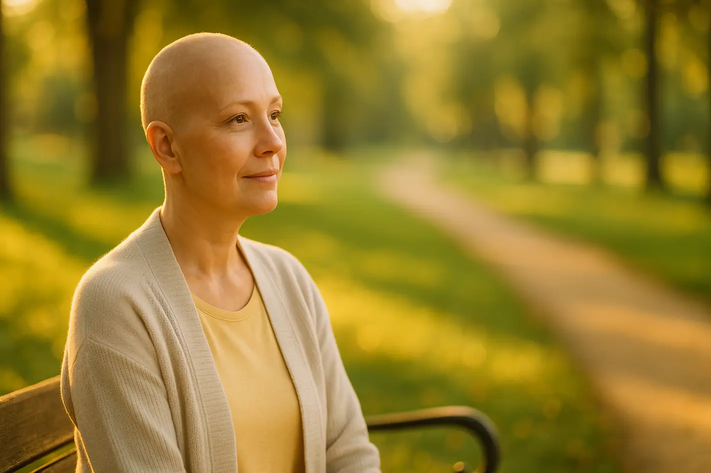 # Alt_text Een vrouw van middelbare leeftijd zit vredig bij een zonnig raam, omgeven door warm natuurlijk licht en zachte groene tinten, symboliserend hoop en mentaal herstel na borstkanker.