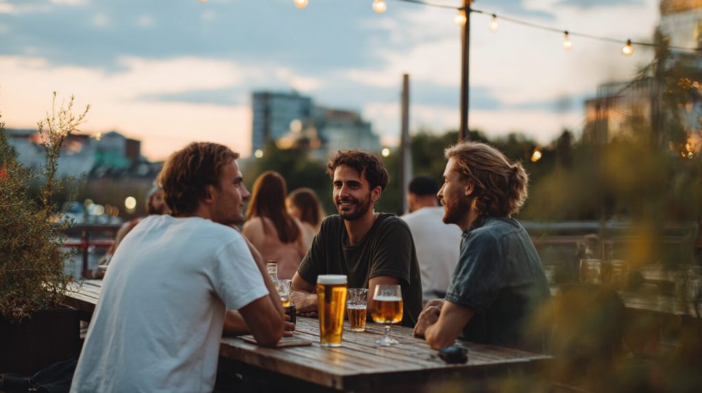 Drie vrienden genieten samen van een biertje aan een tafel op een terras tijdens zonsondergang