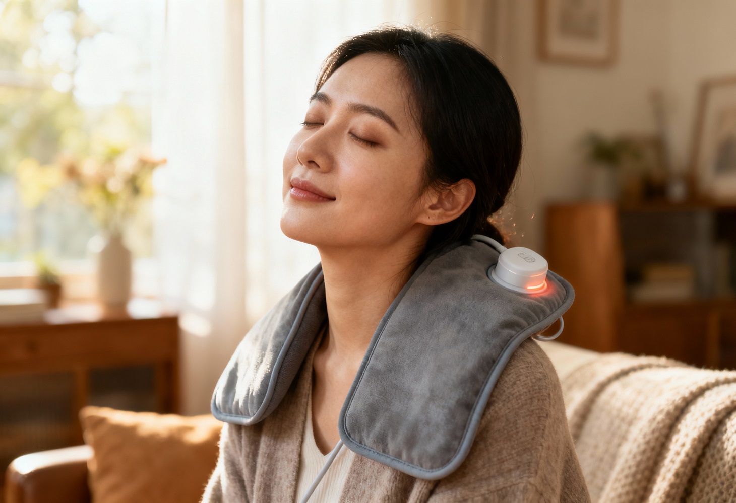 vrouw met warmtekussen van lidl