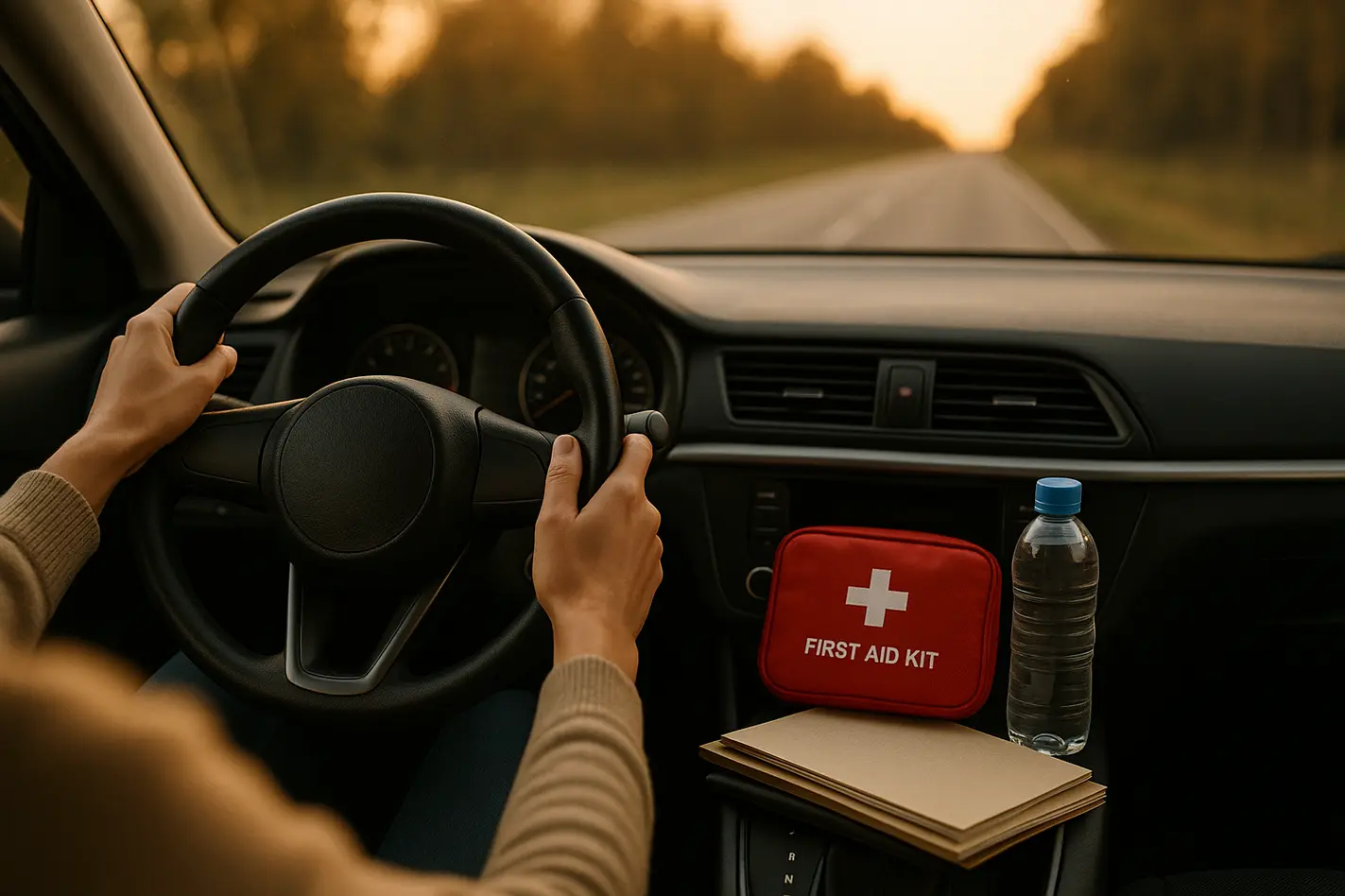 Bestuurder voorbereid op pech met EHBO-kit en water in auto