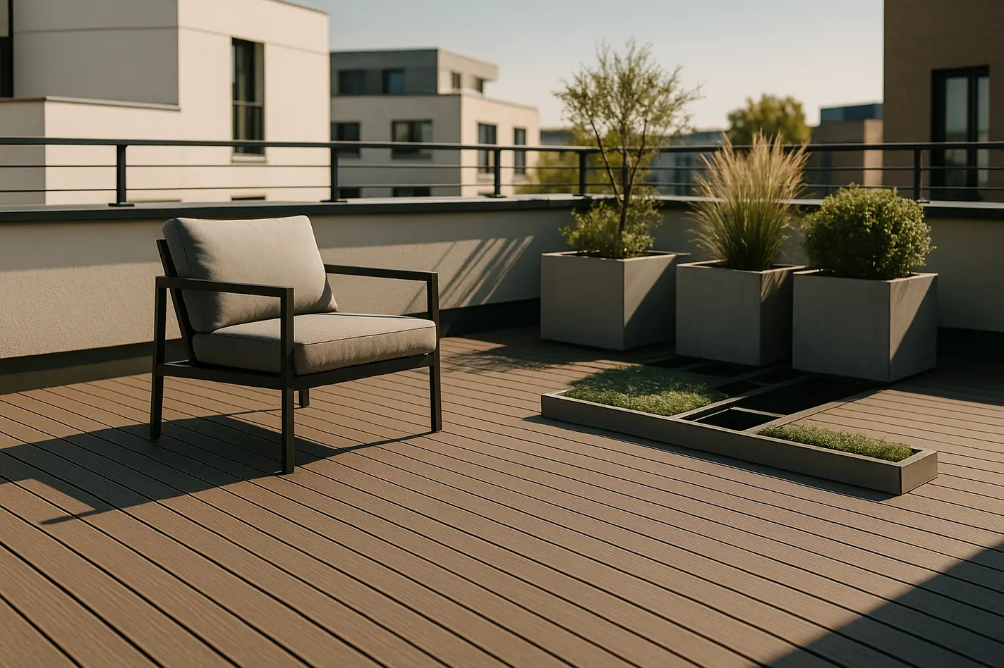 Modernes Dakterrasse mit Solideck Terrassendielen und minimalistischem Design