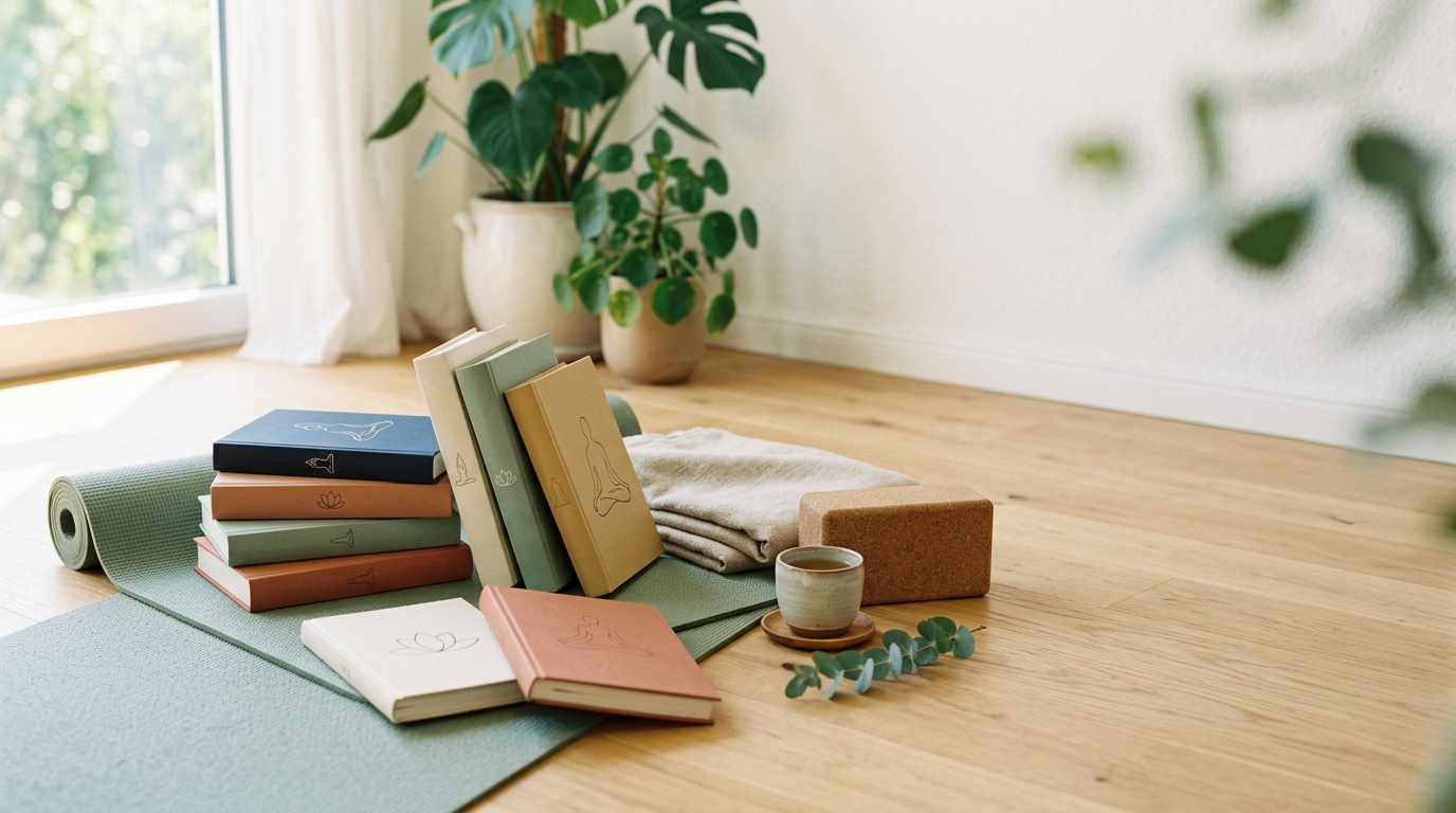 Stapel yoga boeken naast een uitgerolde yogamat met kurkblok en thee in een lichte huiskamer