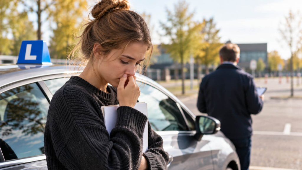 Gespannen leerling-bestuurder met een boek tegen zich aan, hand voor de mond, naast een lesauto met L-bord terwijl de examinator op de achtergrond staat