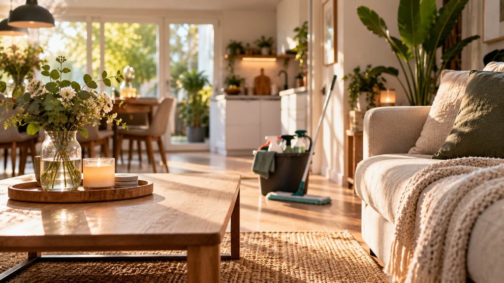 Rustige woonkamer met houten salontafel, bloemen en kaars, met op de achtergrond een dweil en emmer in de open keuken