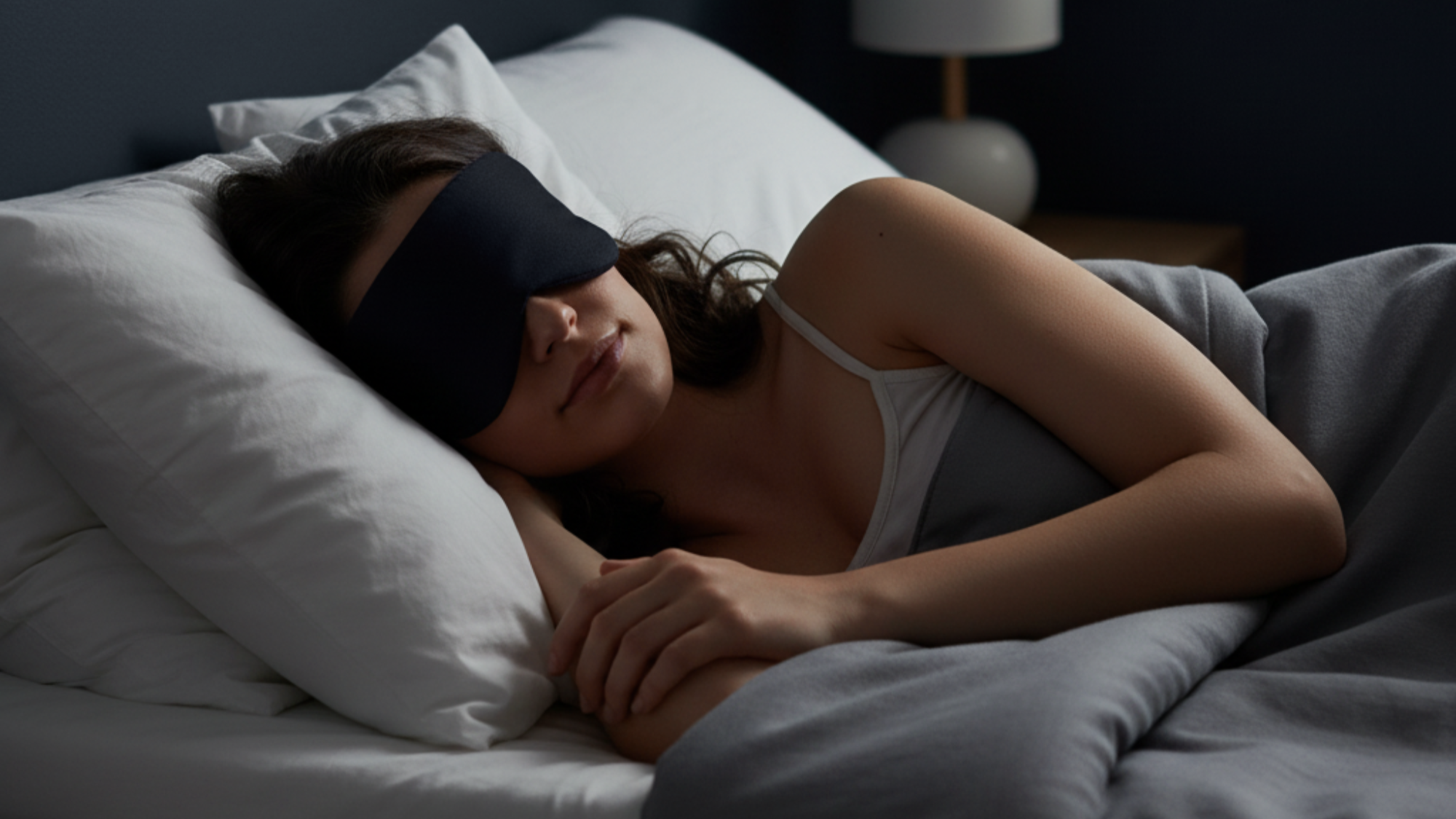 Vrouw slaapt met zwart slaapmasker in verduisterde slaapkamer voor diepere nachtrust